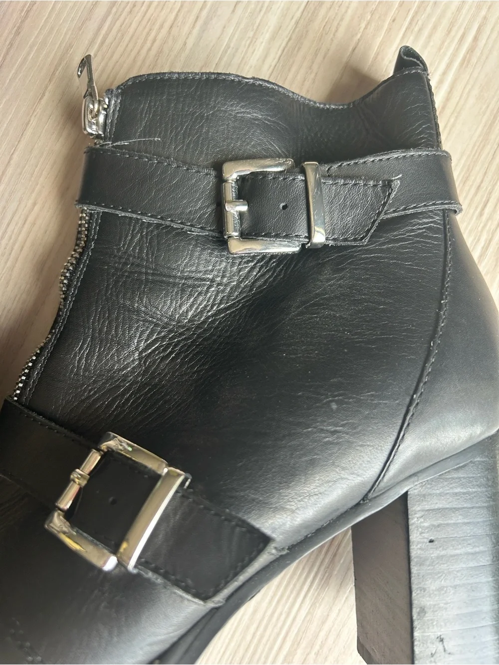 Halle Moto Buckle Booties Black 11M Leather Pointed Toe Side Zipper